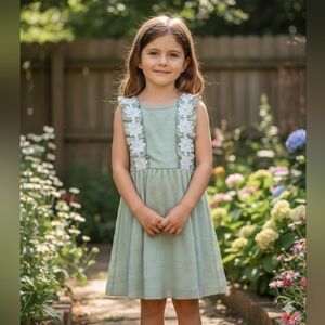 Girl's Sage Green Ruffle Dress Floral Smocked Sundress Lightweight Summer Outfit